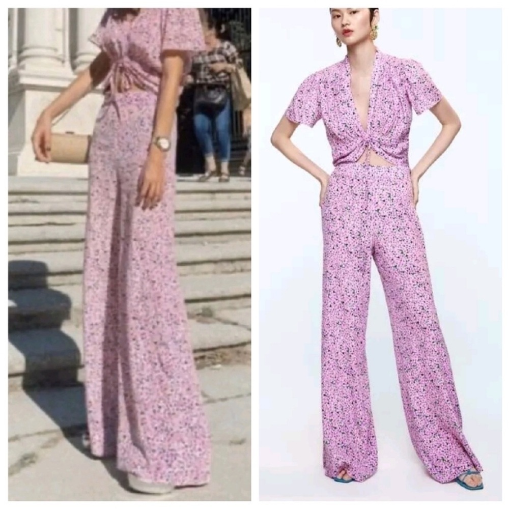 NWT Zara Flare Pants Wideleg Hi-Rise Pink Floral Flowy - medium